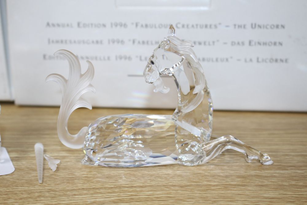 Three Swarovski Annual Edition Fabulous Beasts, The Unicorn, The Dragon and The Pegasus, 1996-1998,